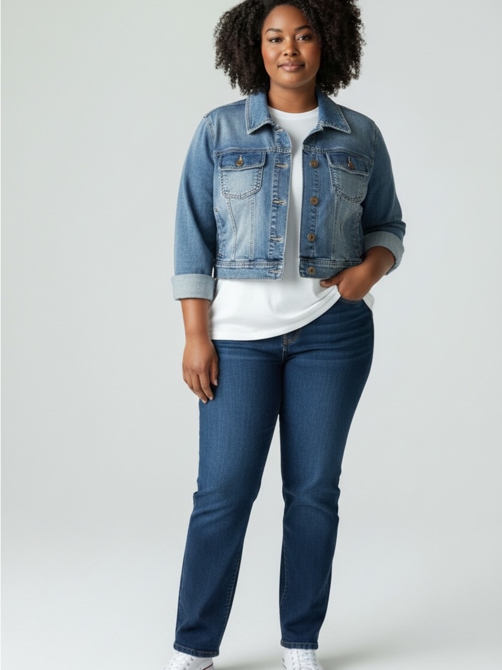 Lane Bryant Plus Size 18/20W Cropped Denim Jean Jacket Roll Tab Stretch